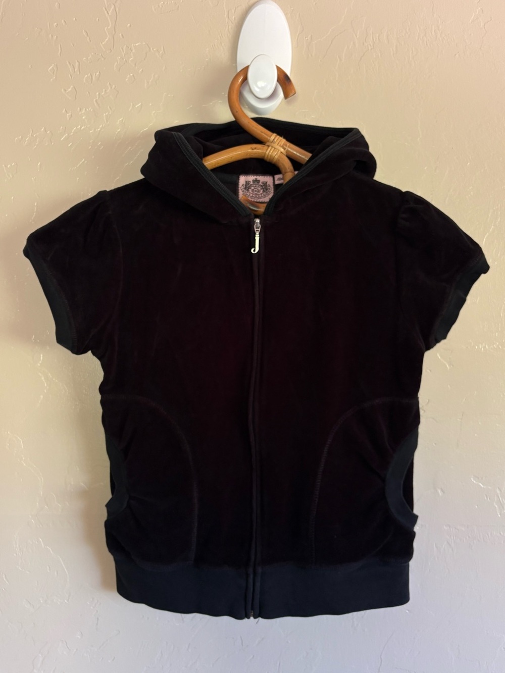 Y2K 2000s Vintage Juicy Couture Black Short Sleeve Velvet Velour Zip Up Jacket M